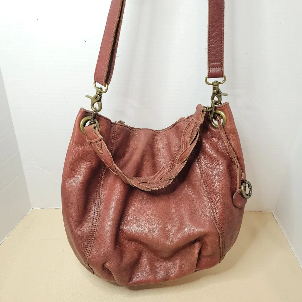 Lucky Brand Brown Leather Hobo Bag Braided Handle Crossbody Cognac Clover Charm